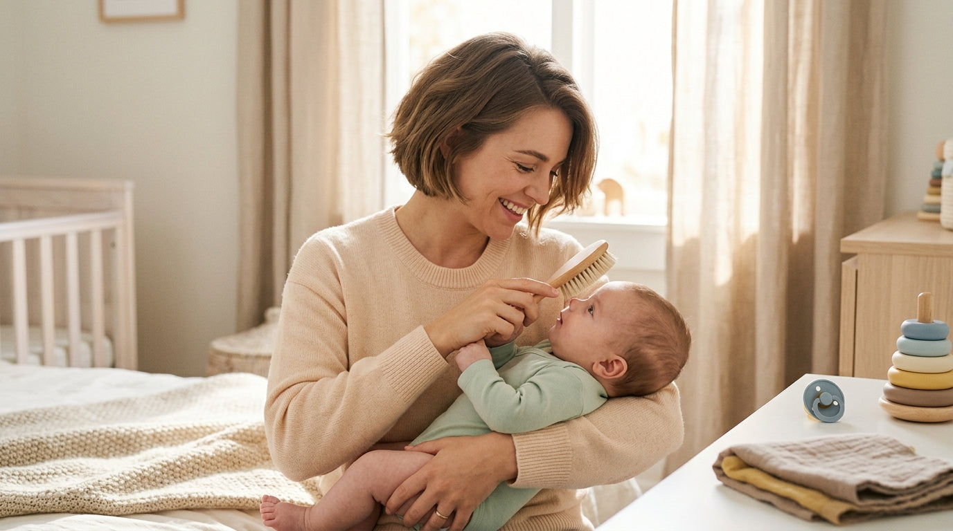 Tired dad looking at a smartphone while holding an 11-month-old baby with a messy uneven haircut