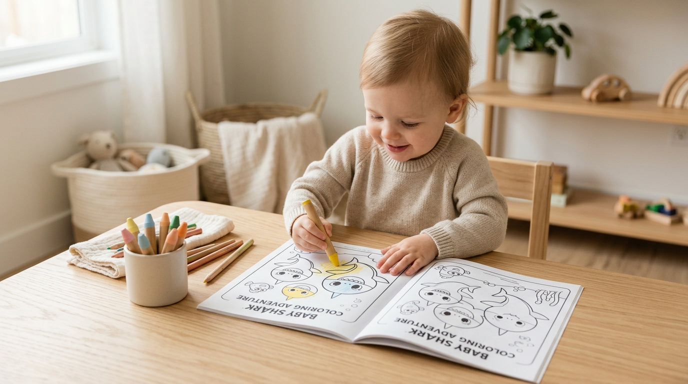 A half-colored printed page of Mommy Shark lying on a wooden floor next to two scattered yellow block crayons.