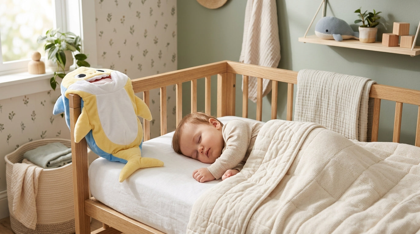 Tired British dad holding a yellow baby shark costume while a toddler runs away