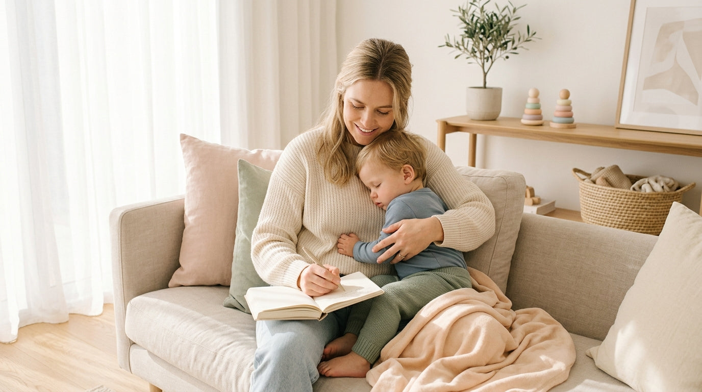 A toddler doing the baby shark dance in a messy living room