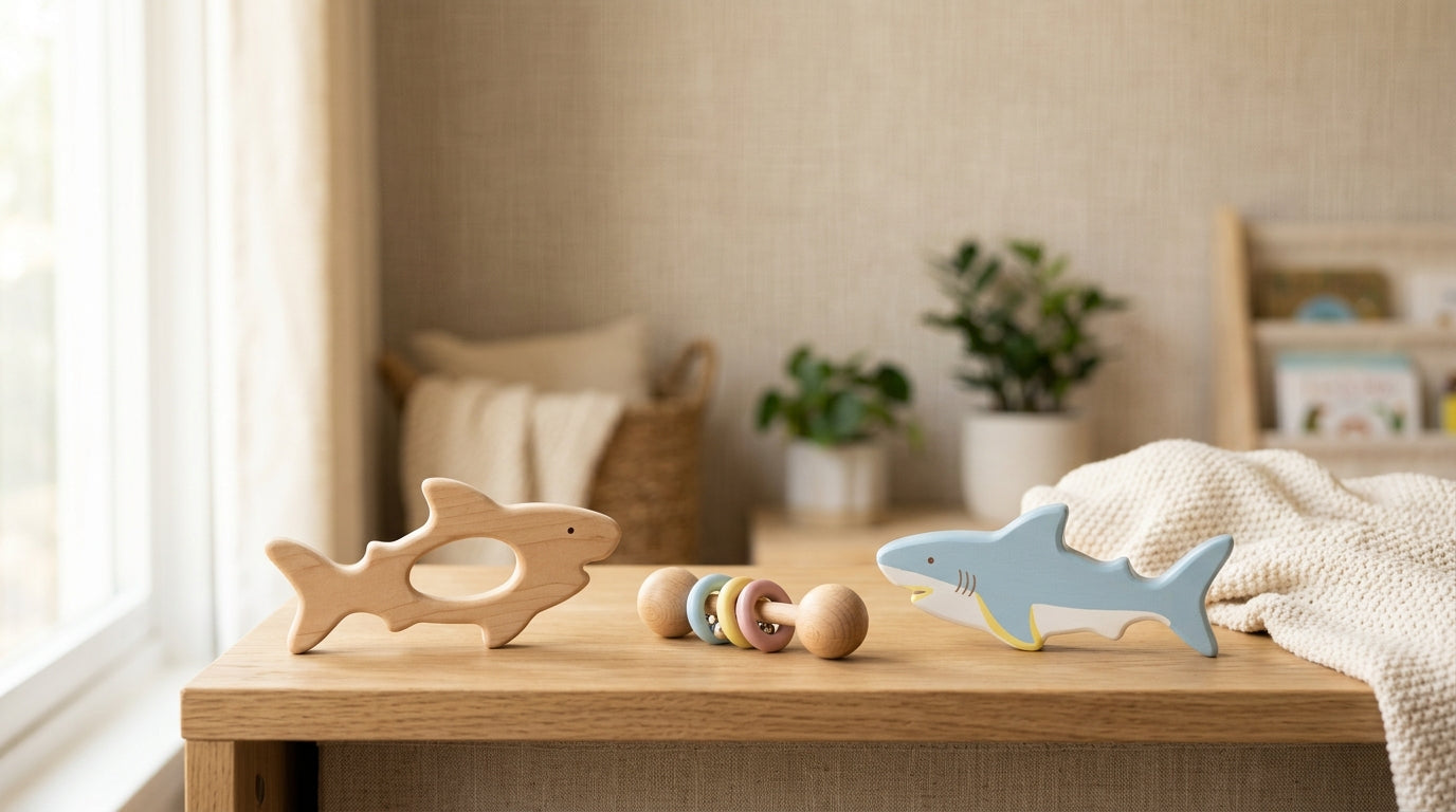 A tired dad looking at his phone while a toddler plays with wooden ocean toys