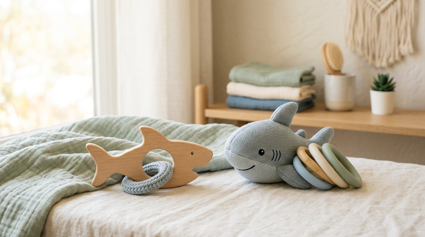 A confused dad looking at his baby holding a wooden teething ring instead of a smartphone screen.