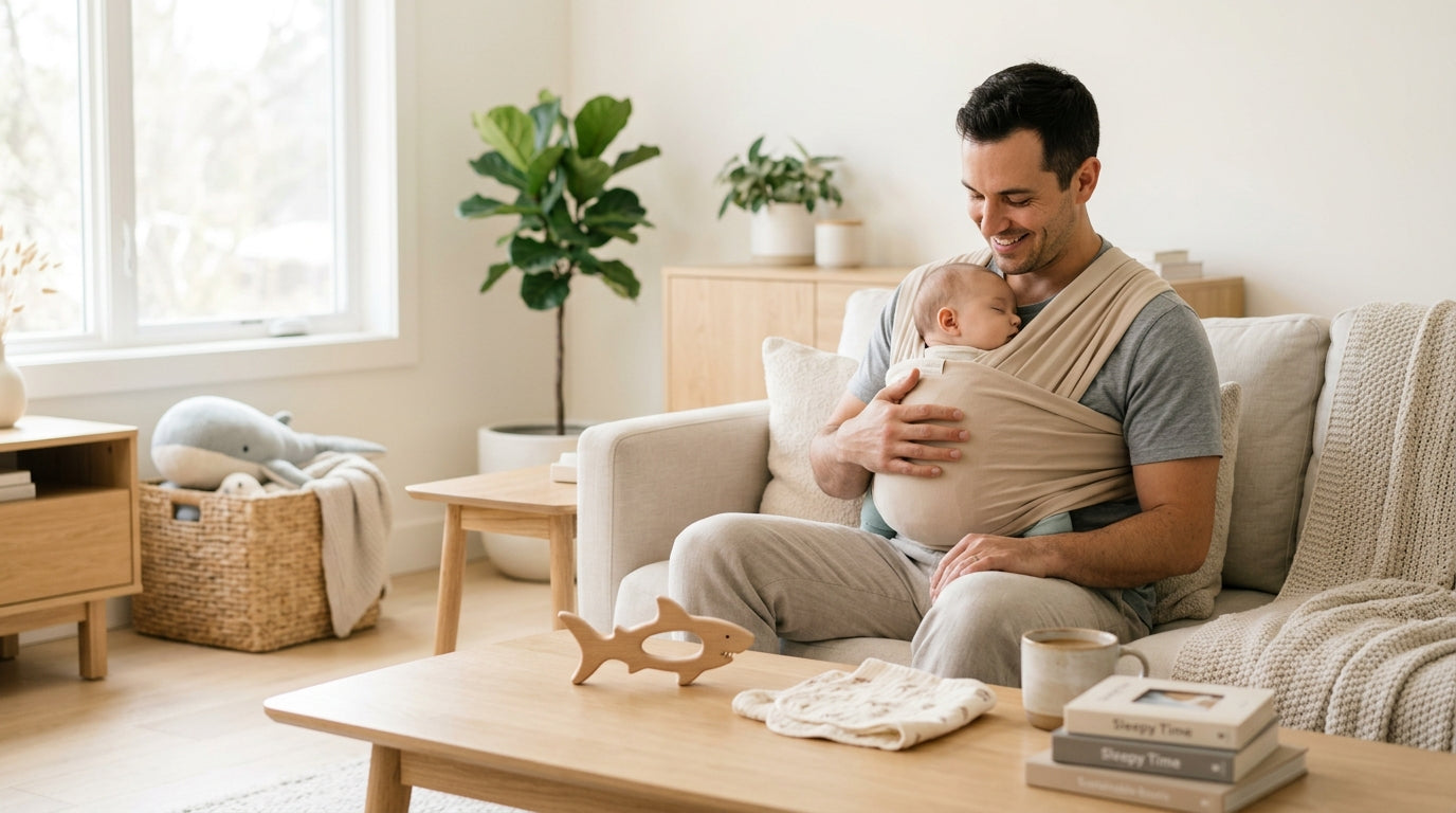 A stressed dad holding a phone playing a colorful shark video next to a baby