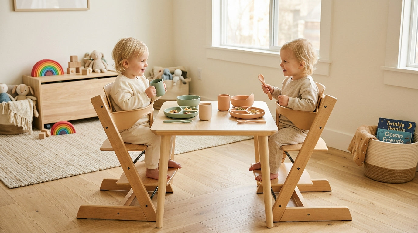 Exhausted dad holding television remote while twins play on the floor