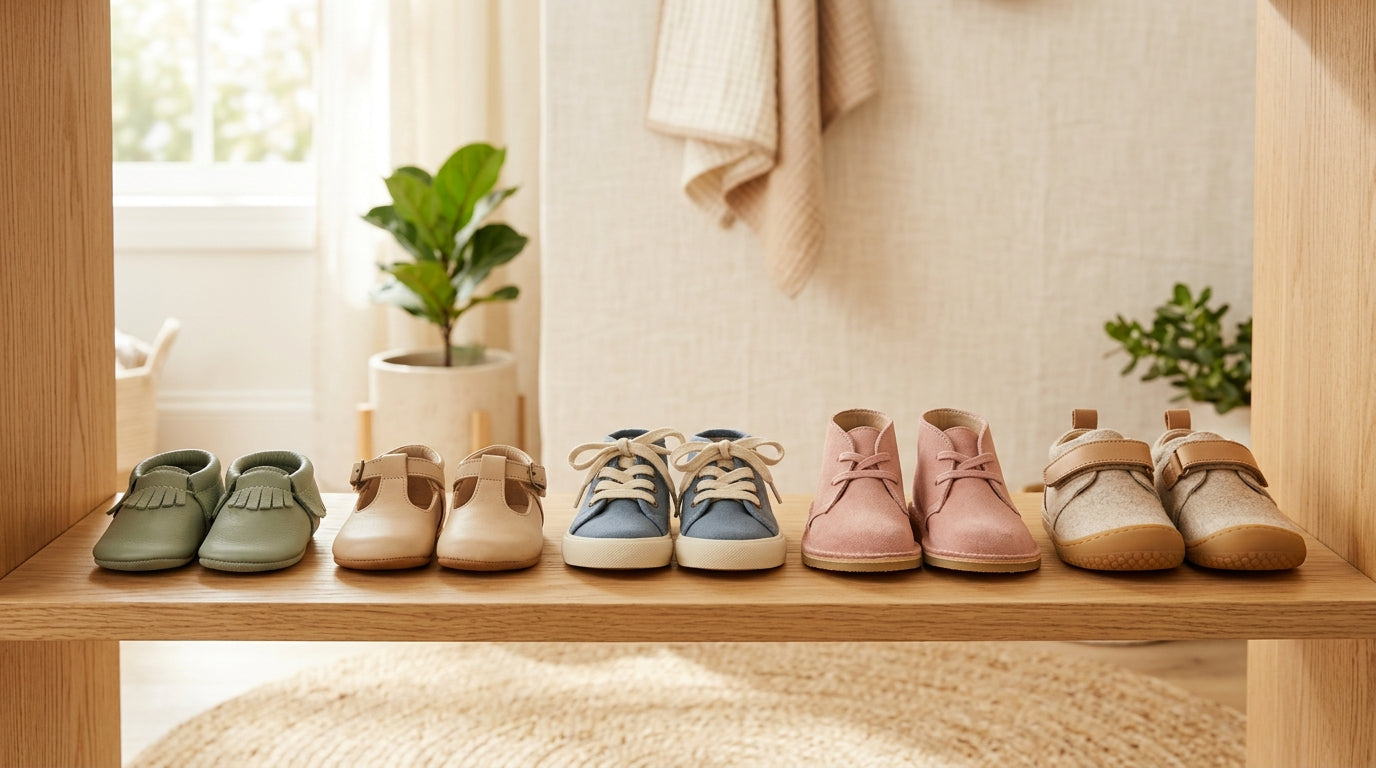 A confused dad trying to measure a squirming toddler's foot against a sizing guide