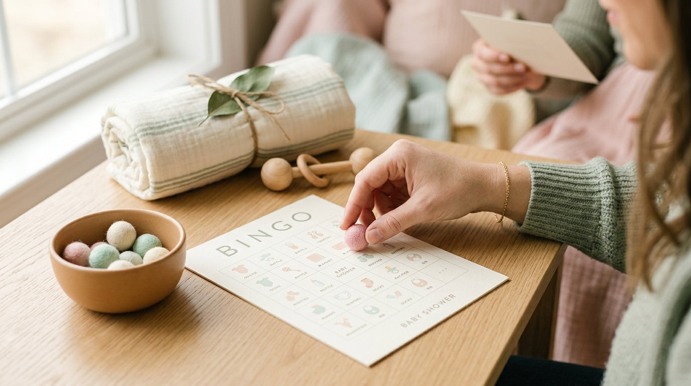 Pregnant woman holding a coffee cup and laughing at a baby shower bingo card