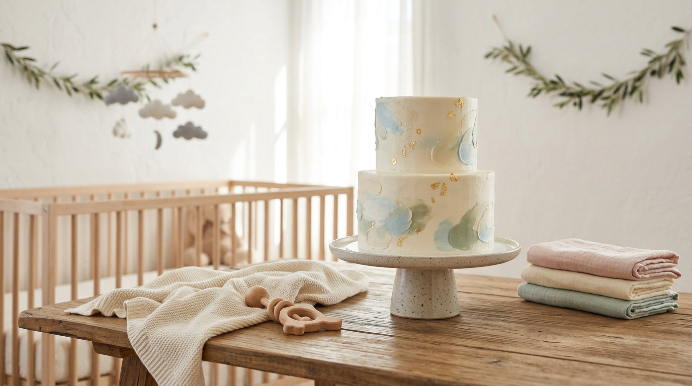 A simple naked cake with some fresh berries and green leaves on a wooden table