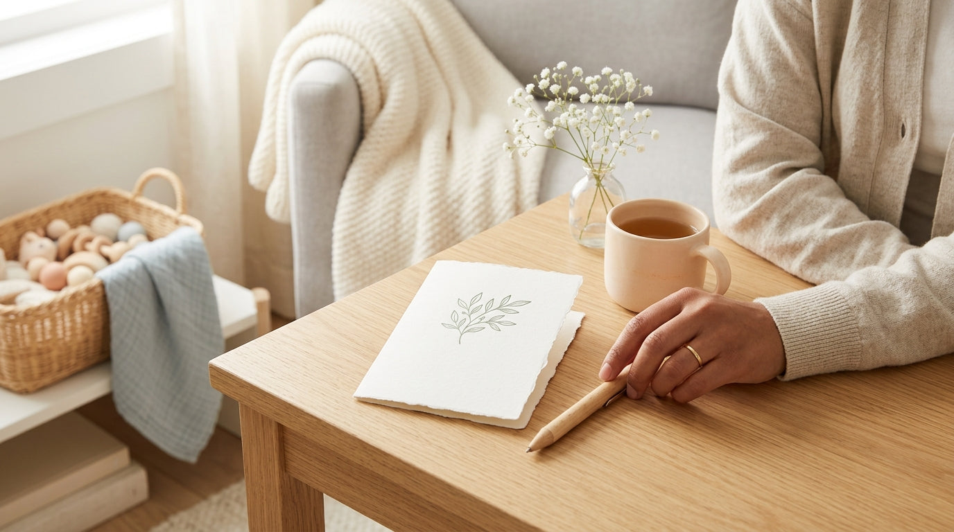 A dad holding a baby shower card looking deeply confused in a nursery