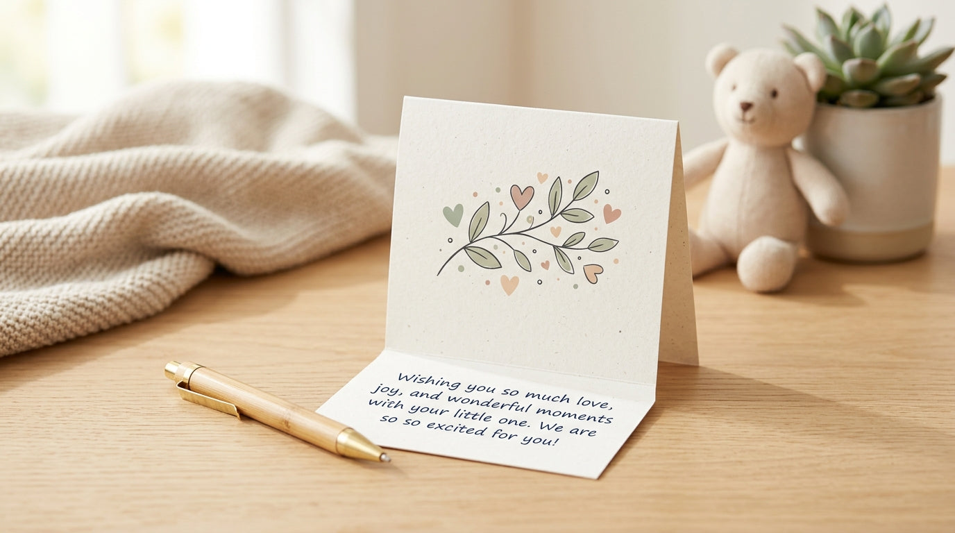 A pregnant woman reading a baby shower greeting card surrounded by gifts