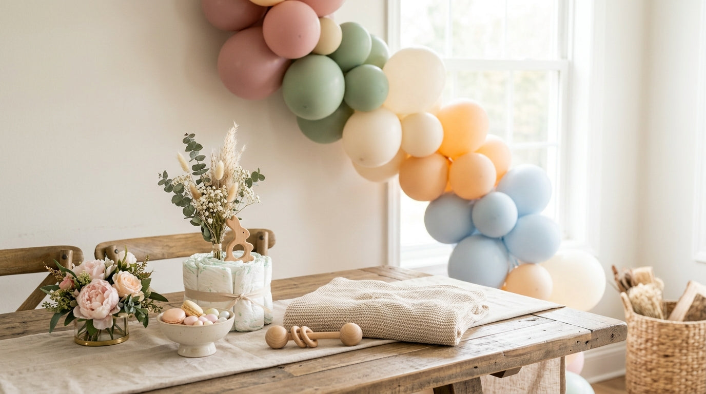 Neutral wooden baby shower decorations and a realistic balloon setup on a living room table.
