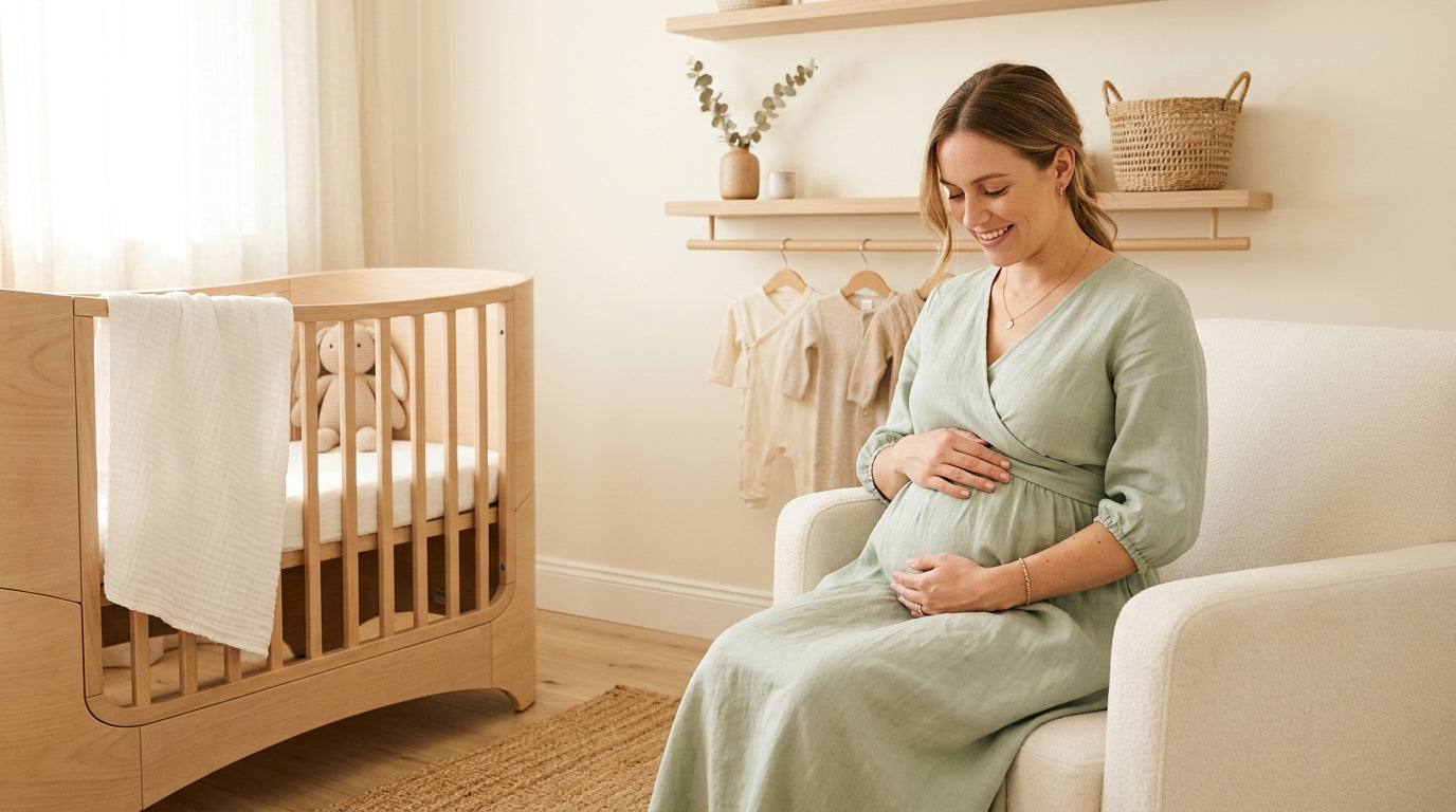 Pregnant woman sitting in a floral maternity dress looking exhausted with coffee