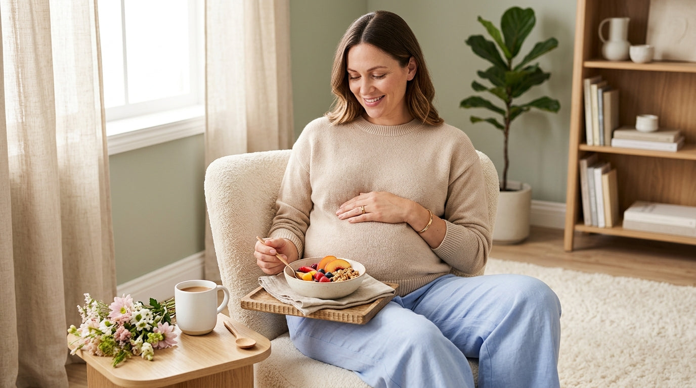 Expectant mother looking skeptically at a massive tray of cold cuts