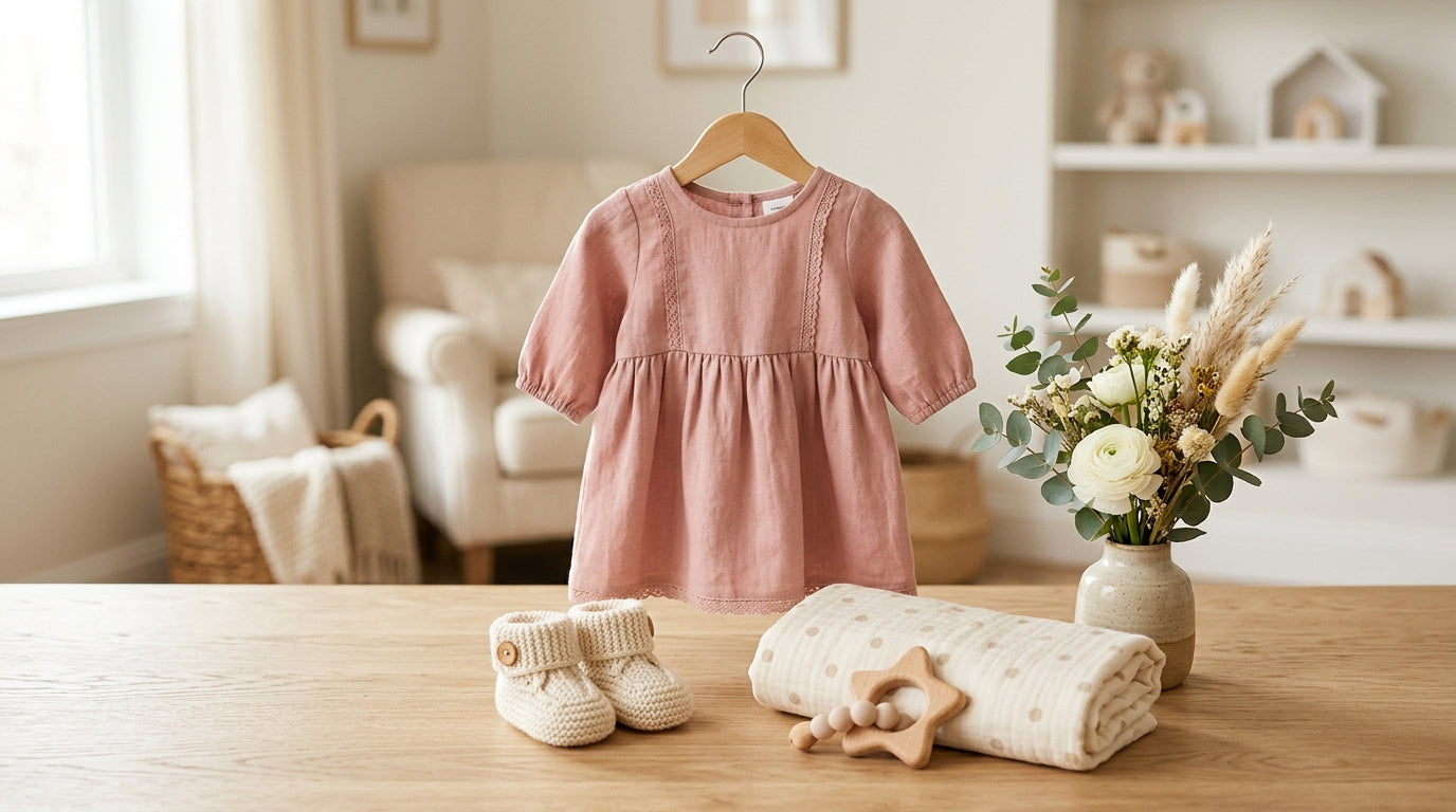 Mom holding a floral baby shower guest dress next to organic baby clothes