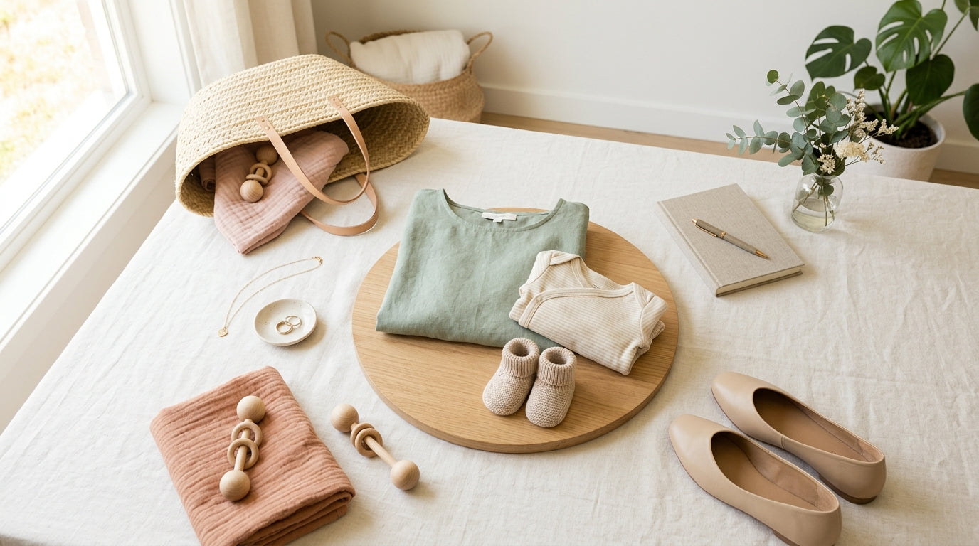 A dad holding a baby while looking confused at a pile of floral dresses on a bed.
