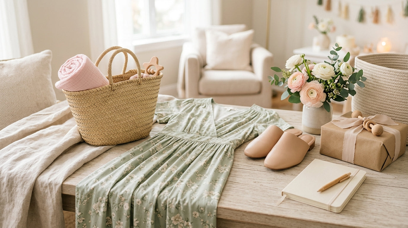 Stressed mom holding a coffee cup staring at her closet full of dresses