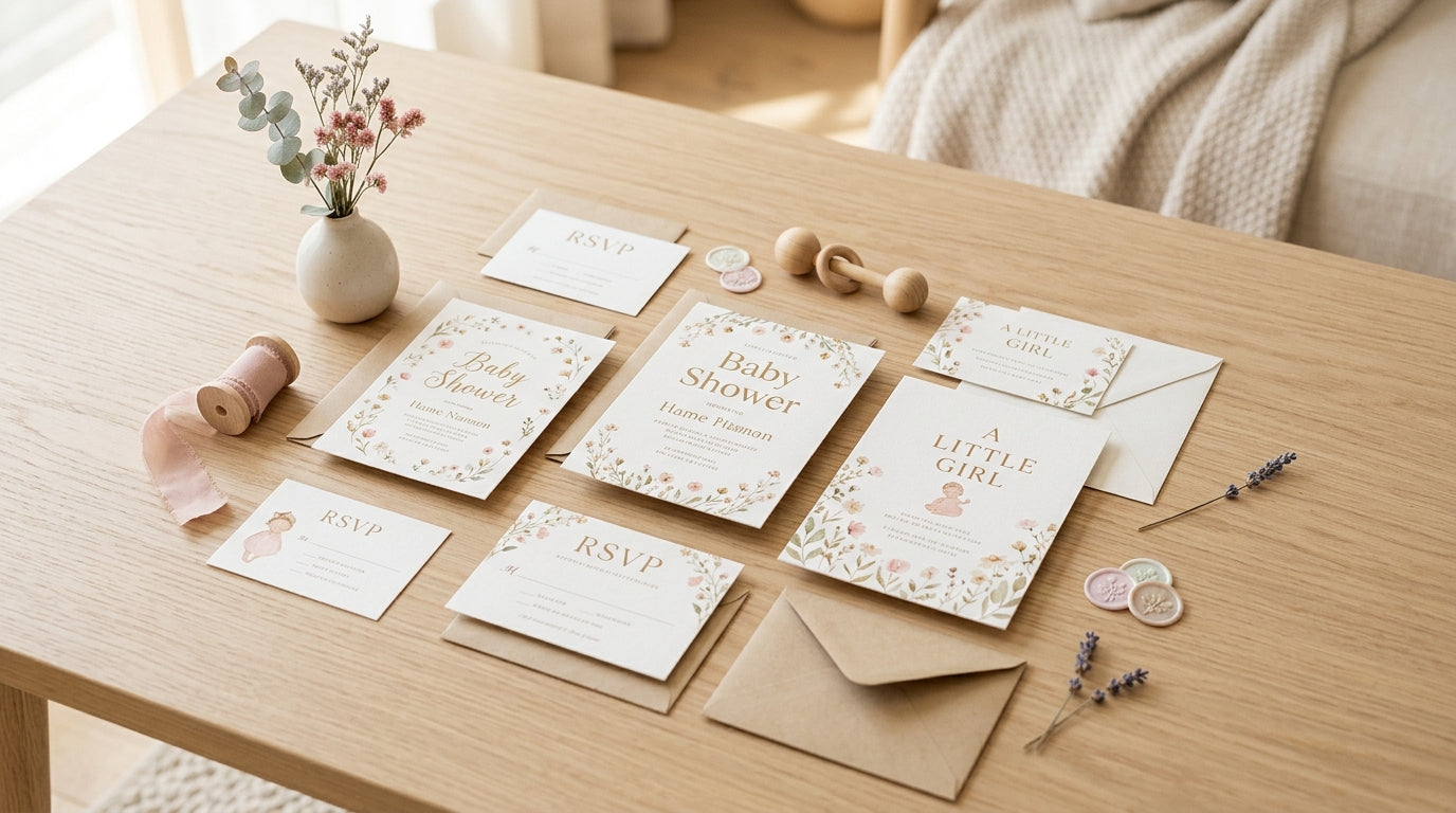 A tired mom looking at baby shower invitations for a girl on her laptop