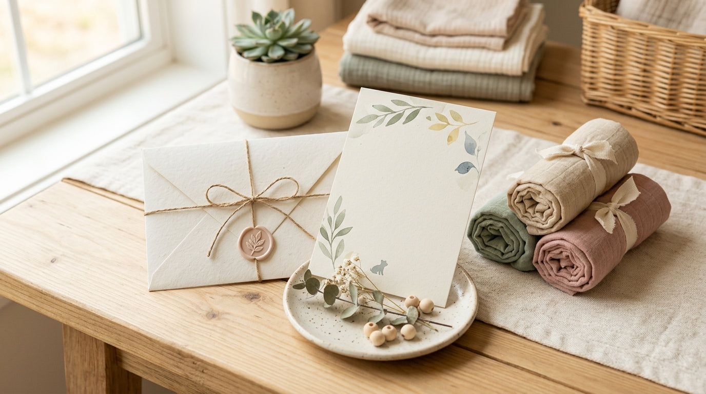 A half-addressed baby shower invite sitting next to a spilled cup of lukewarm coffee.