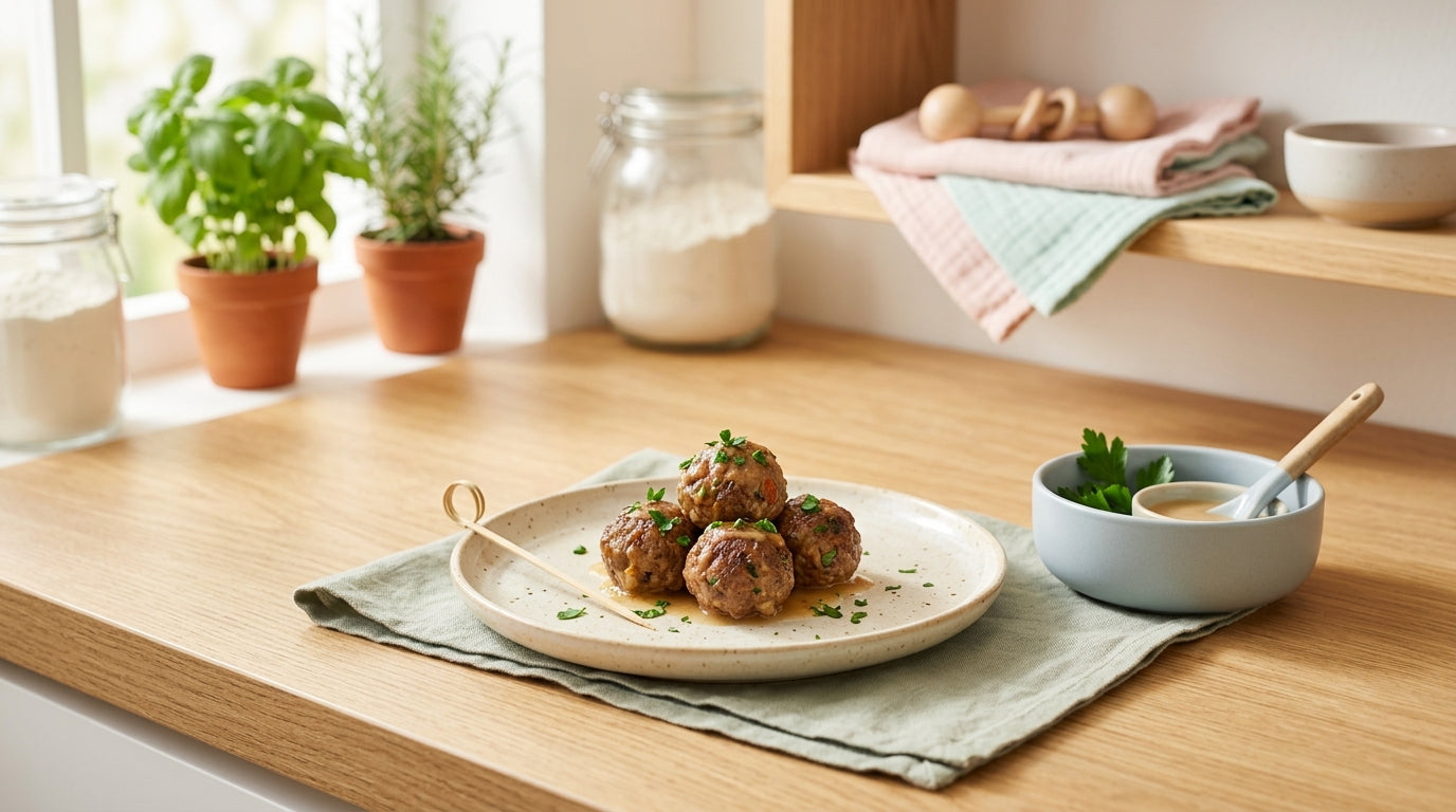 Marcus staring at a slow cooker of meatballs while holding a digital thermometer.