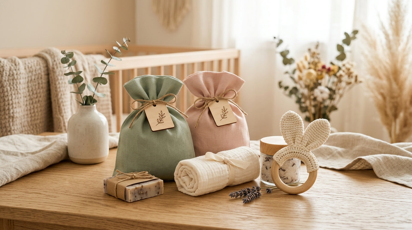Rustic table display of practical party gifts for a baby celebration