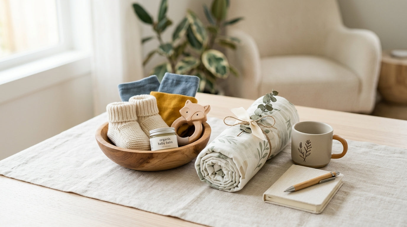 Wooden play gym and wrapped eco-friendly gifts sitting on a table at a Portland baby shower.