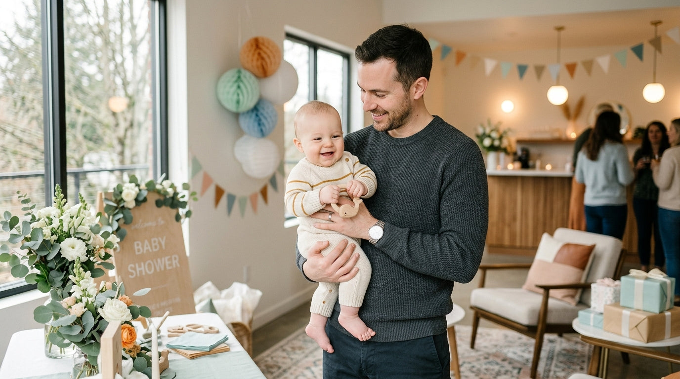 A dad holding a tape measure at a potential baby shower venue in a modern cafe.