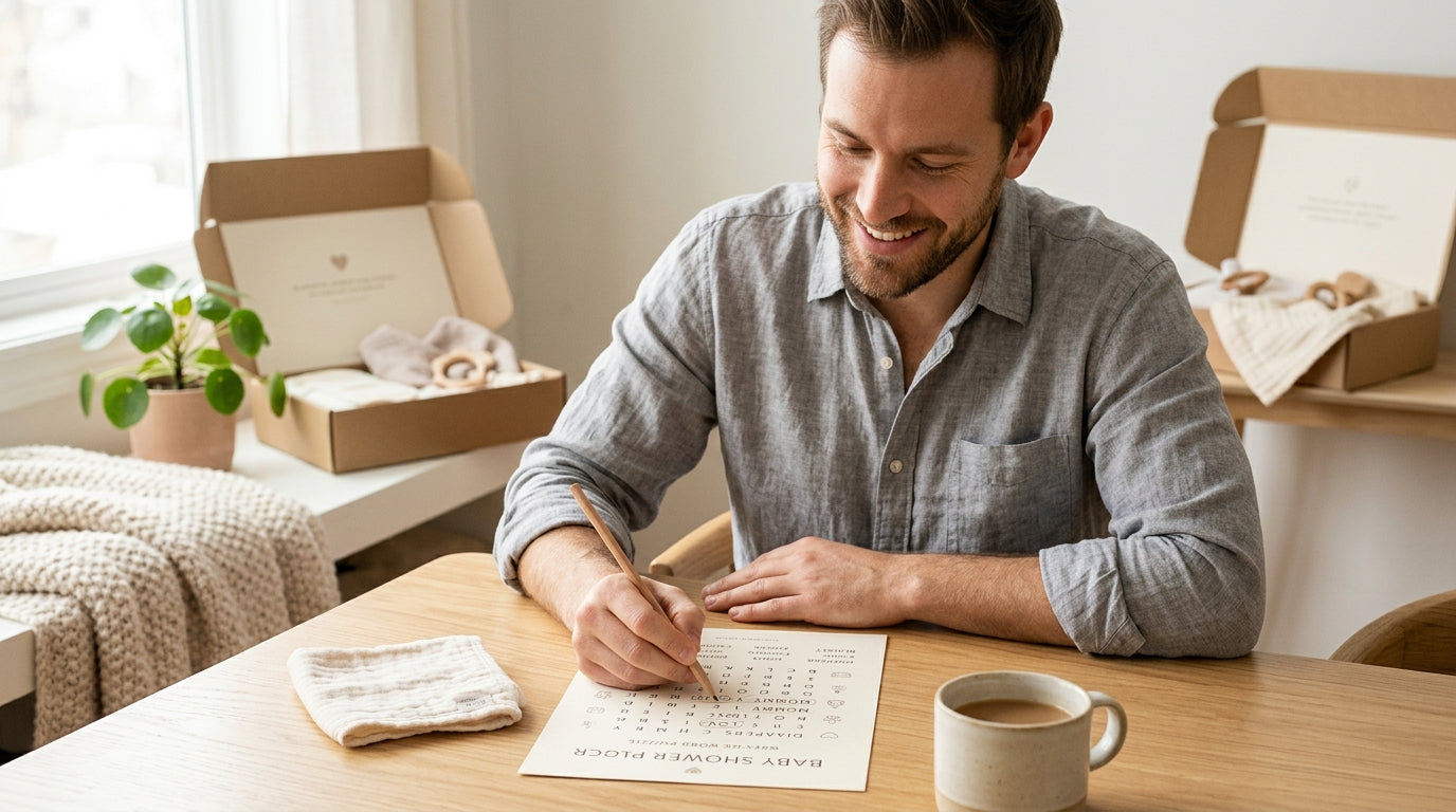 A dad looking bewildered while holding a printed baby shower word search game on a clipboard.