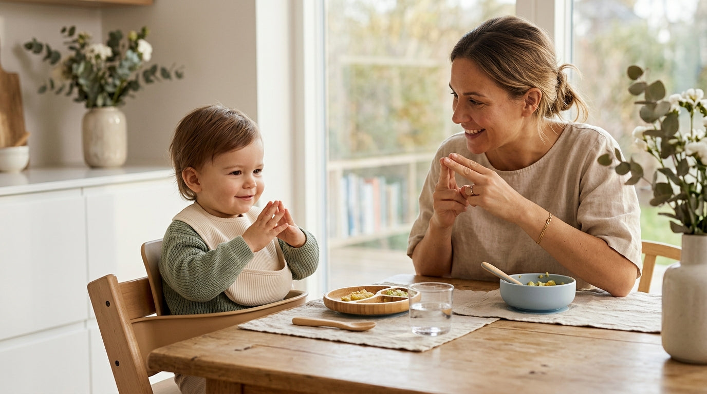 Baby sitting in a high chair signing more with their hands covered in sweet potato