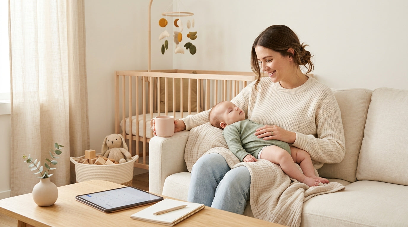 A stressed mom holding a cold coffee while scrolling baby sitter profiles