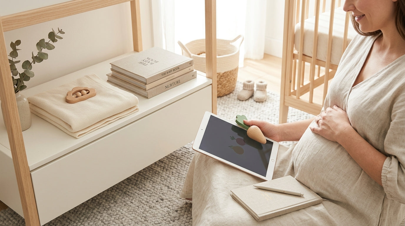Exhausted pregnant mom looking at baby growth app on her phone while holding a half-eaten bagel.