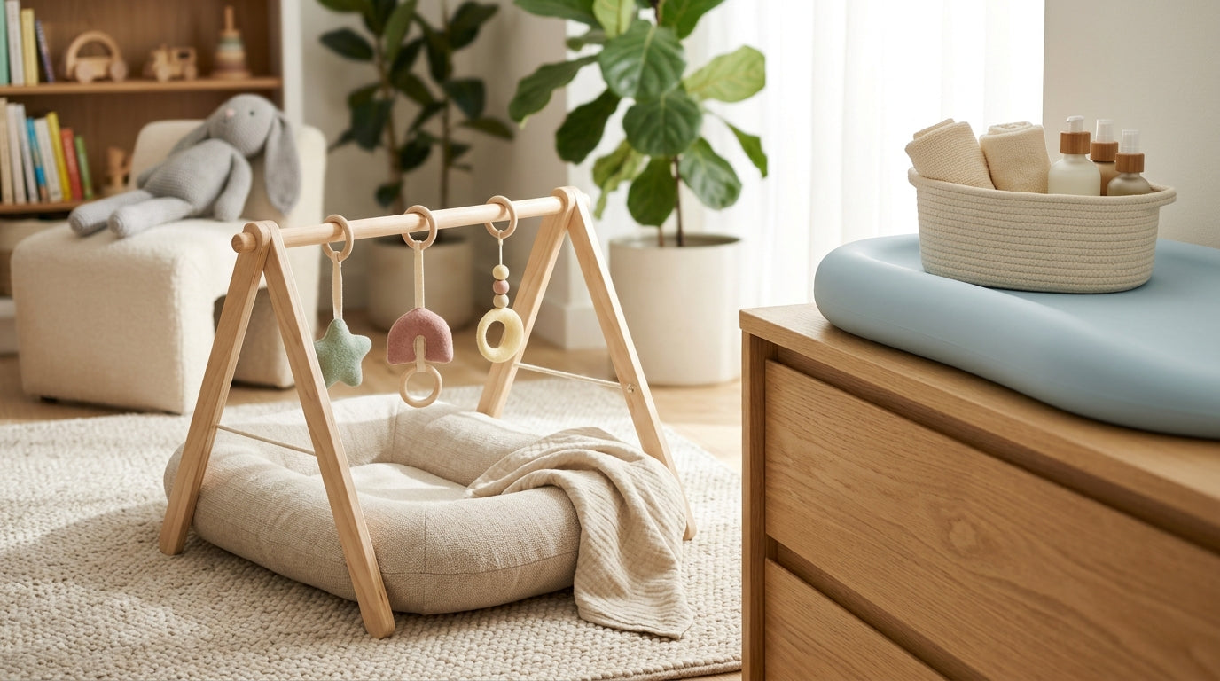 A squishy newborn baby lying on a gray whale print blanket during tummy time