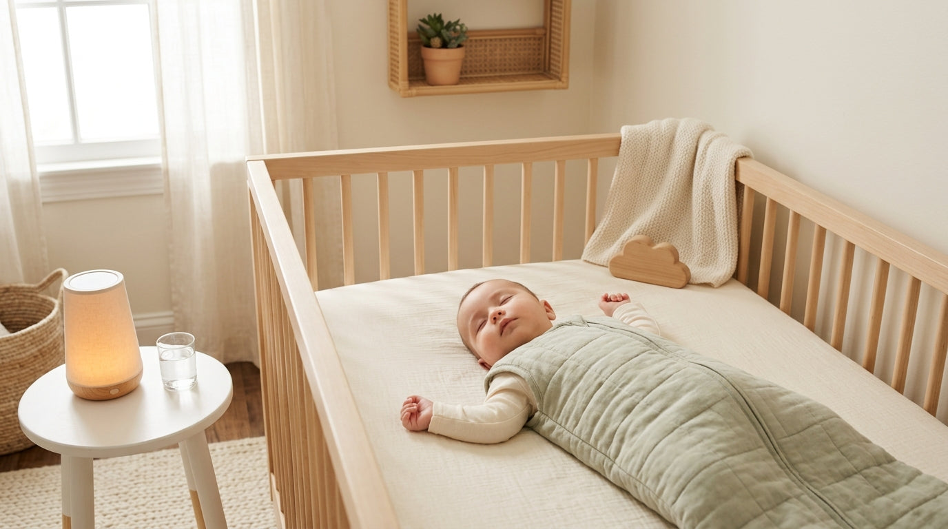 Exhausted mom staring at a white noise machine next to a sleeping baby