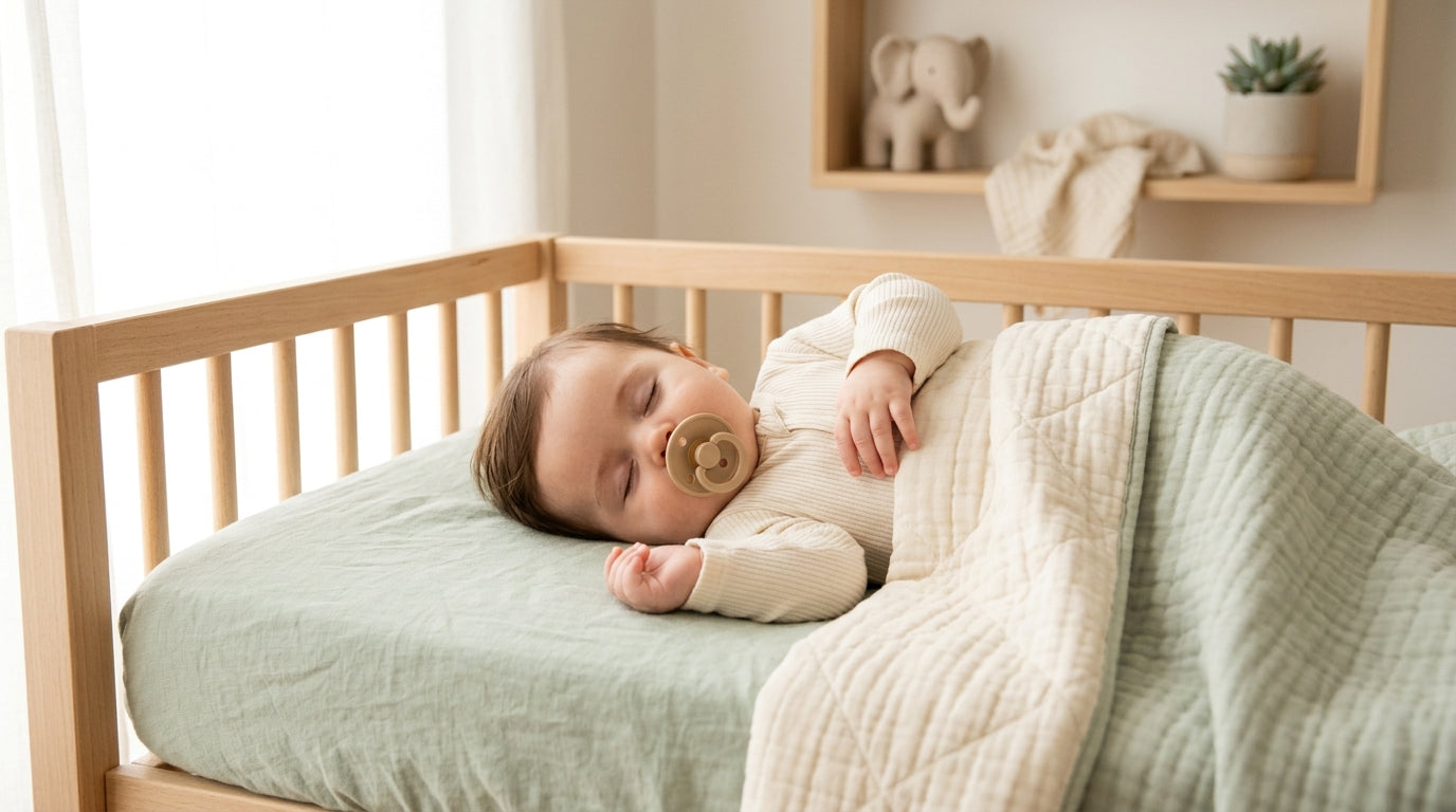 A tired mom holding a baby with a silicone pacifier