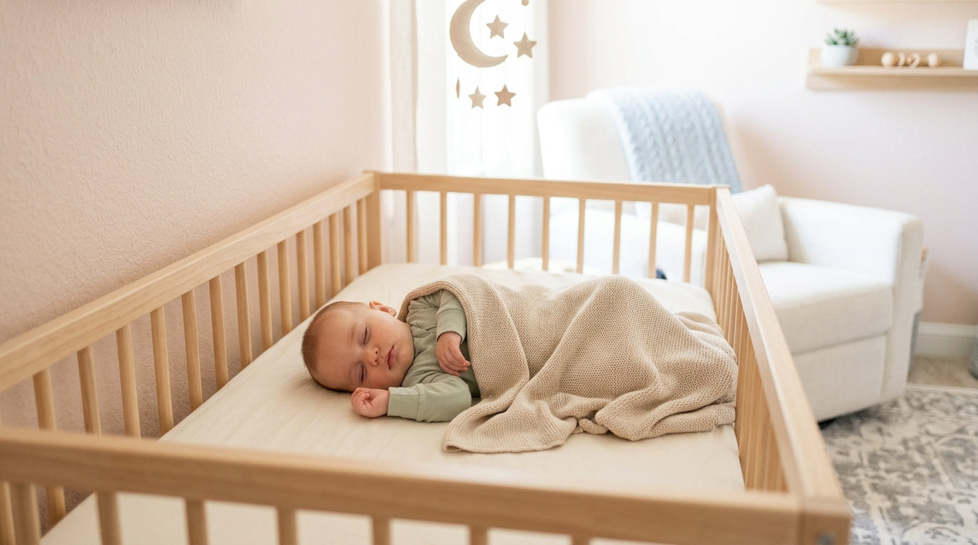 Tired mom holding a sleeping infant wrapped in a soft organic blanket