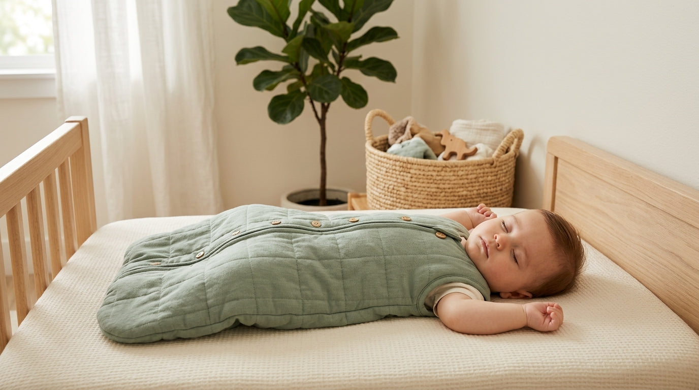 Exhausted dad staring at a pile of different tog rated infant sleeping pouches