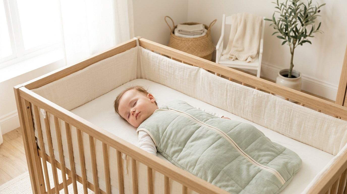 Tired dad holding a baby in a wearable sleep blanket