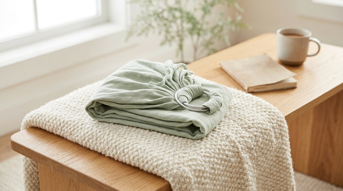 Exhausted mom attempting to tie a long fabric baby sling while holding a crying infant in a messy kitchen.