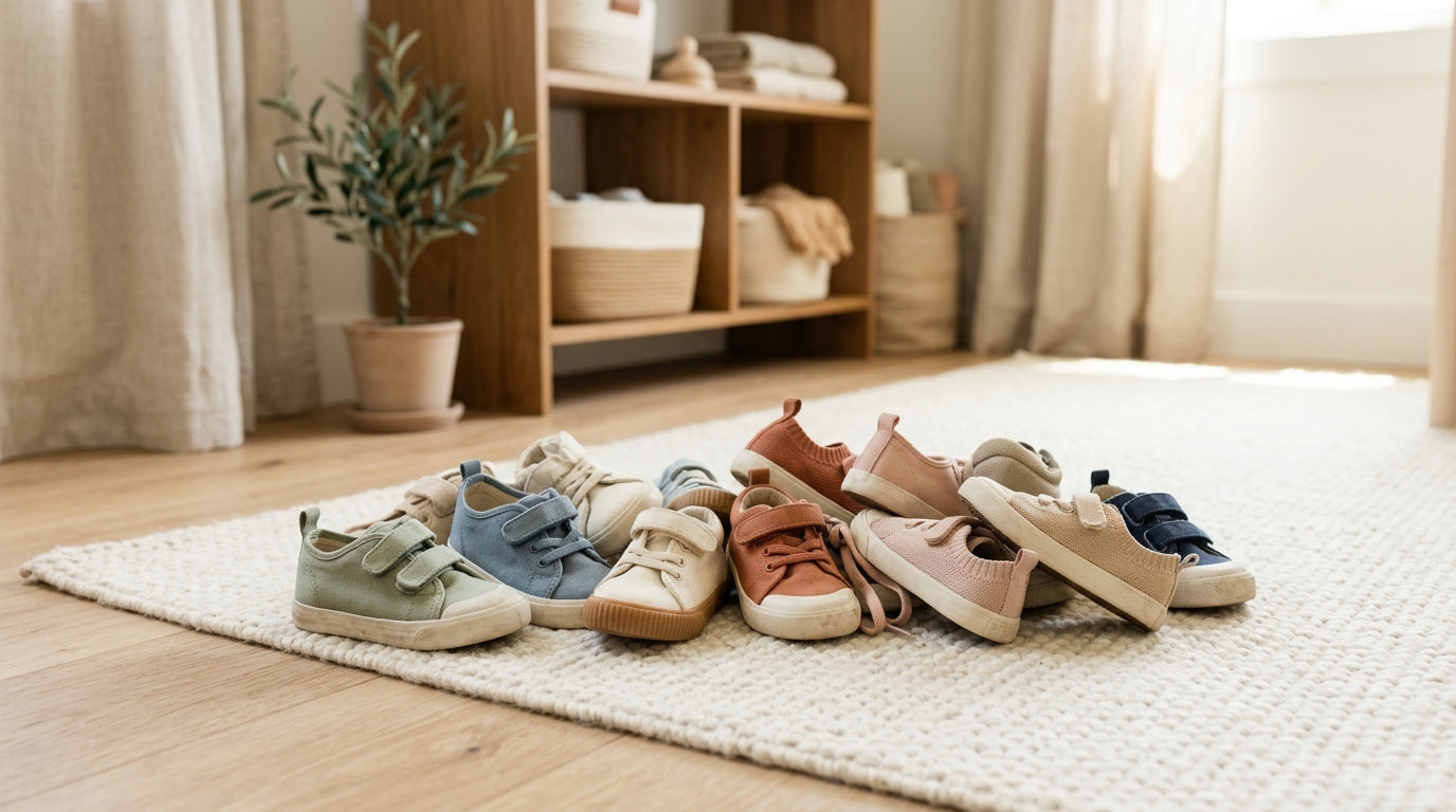 A frustrated mom holding one tiny red canvas high top sneaker while holding a coffee