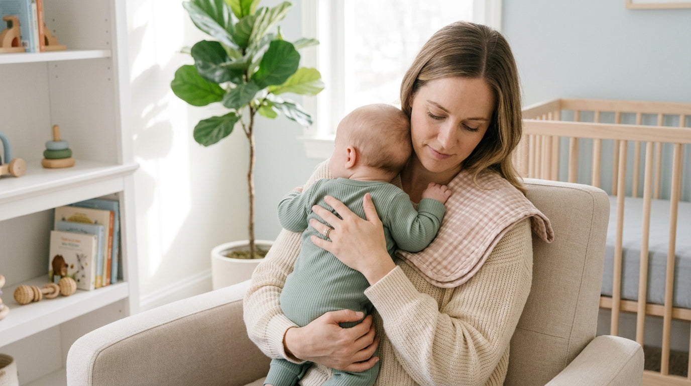 Tired mom holding a baby with a burp cloth over her shoulder
