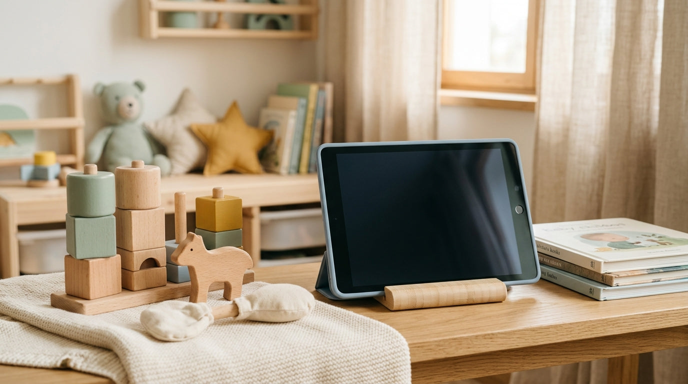 A bewildered dad holding a wooden block while twin girls stare at a TV screen