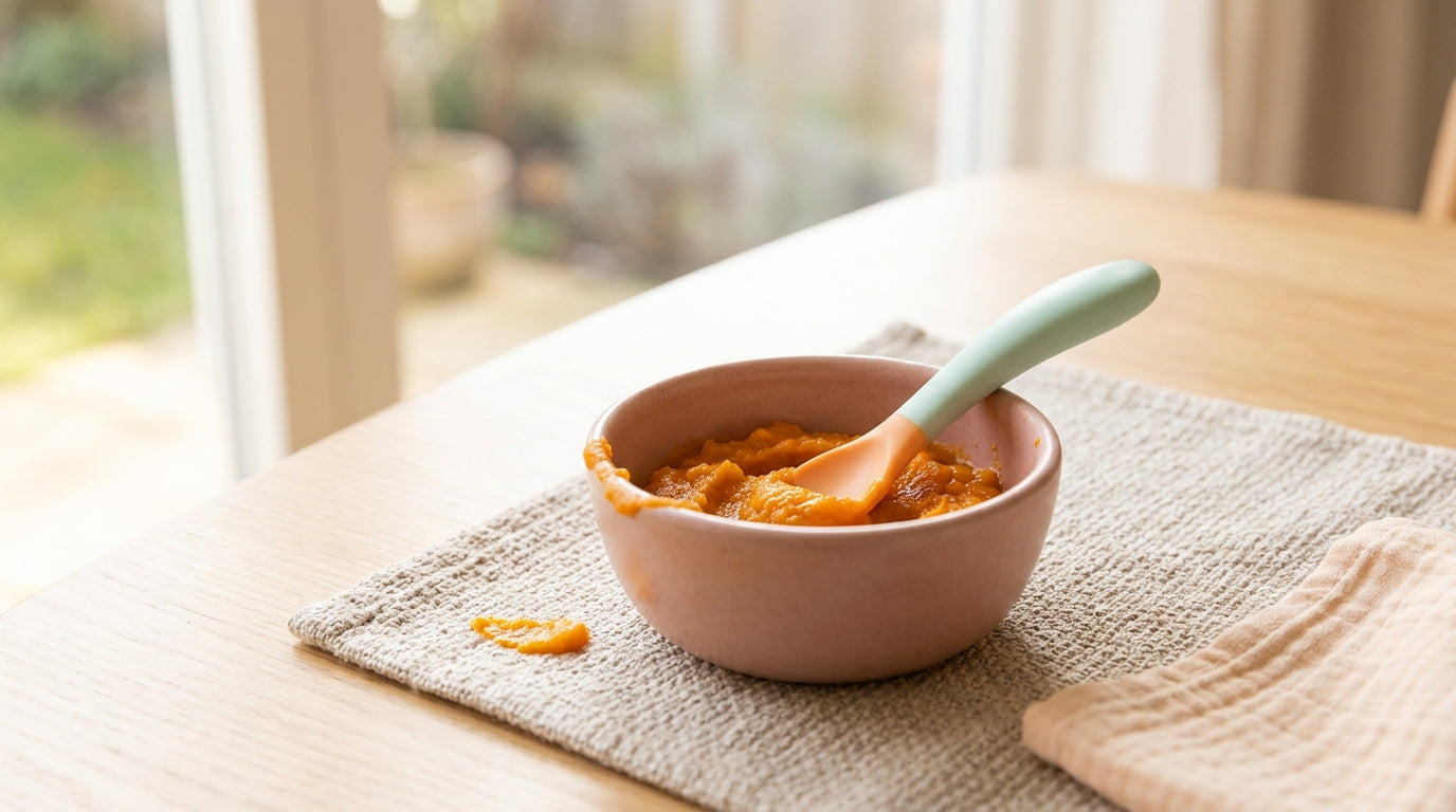 A frustrated baby covered in sweet potato puree holding a silicone spoon