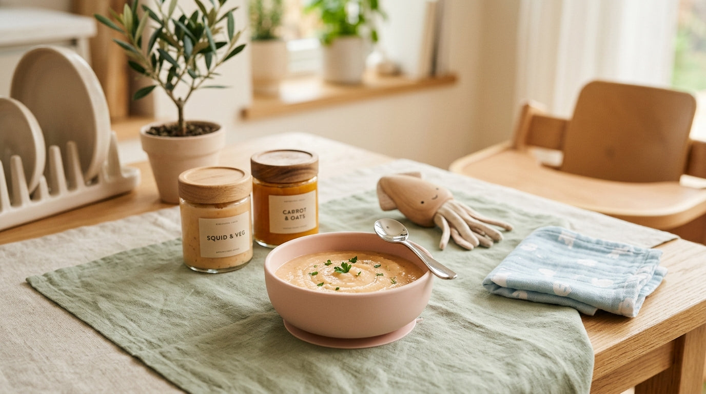 Marcus holding pureed baby squid while blocking weird algorithm videos