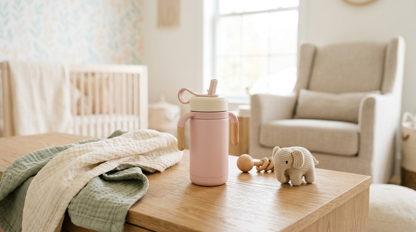 Toddler drinking safely from a soft silicone cup instead of a metal tumbler