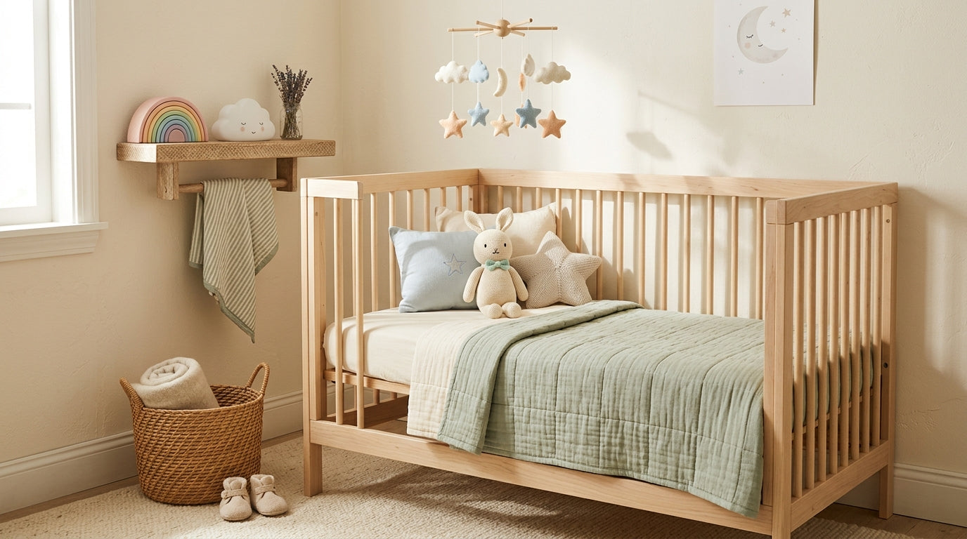 Dark nursery with safe organic star blanket on the crib mattress