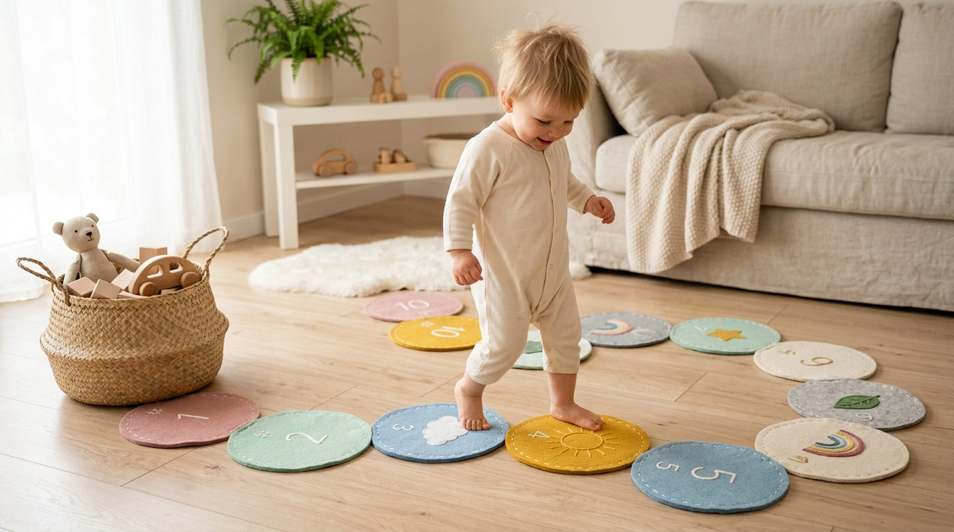 A wooden baby play gym set up on a rug acting as a physical floor map for a baby learning to walk.