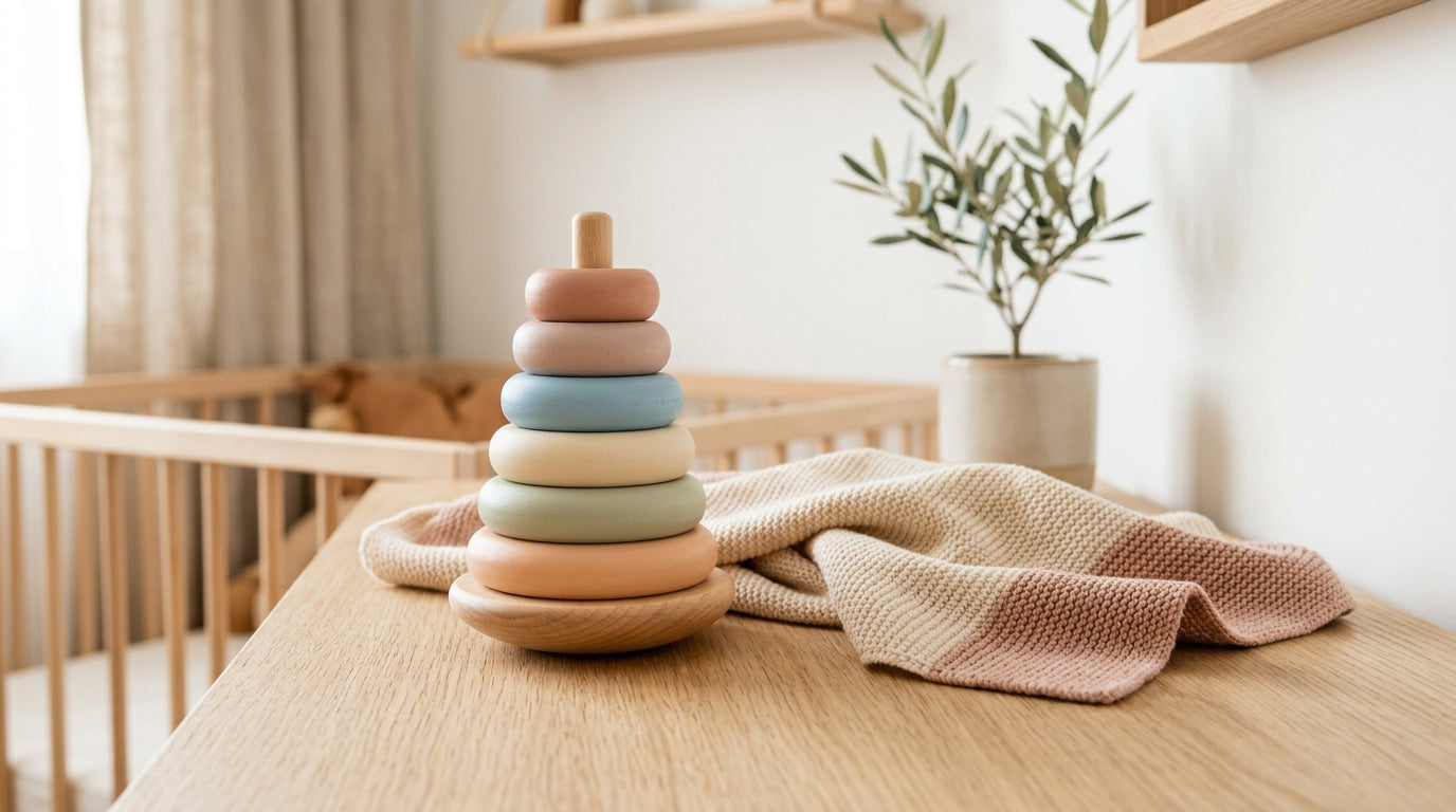 A wooden baby play gym standing on a rug in a messy living room