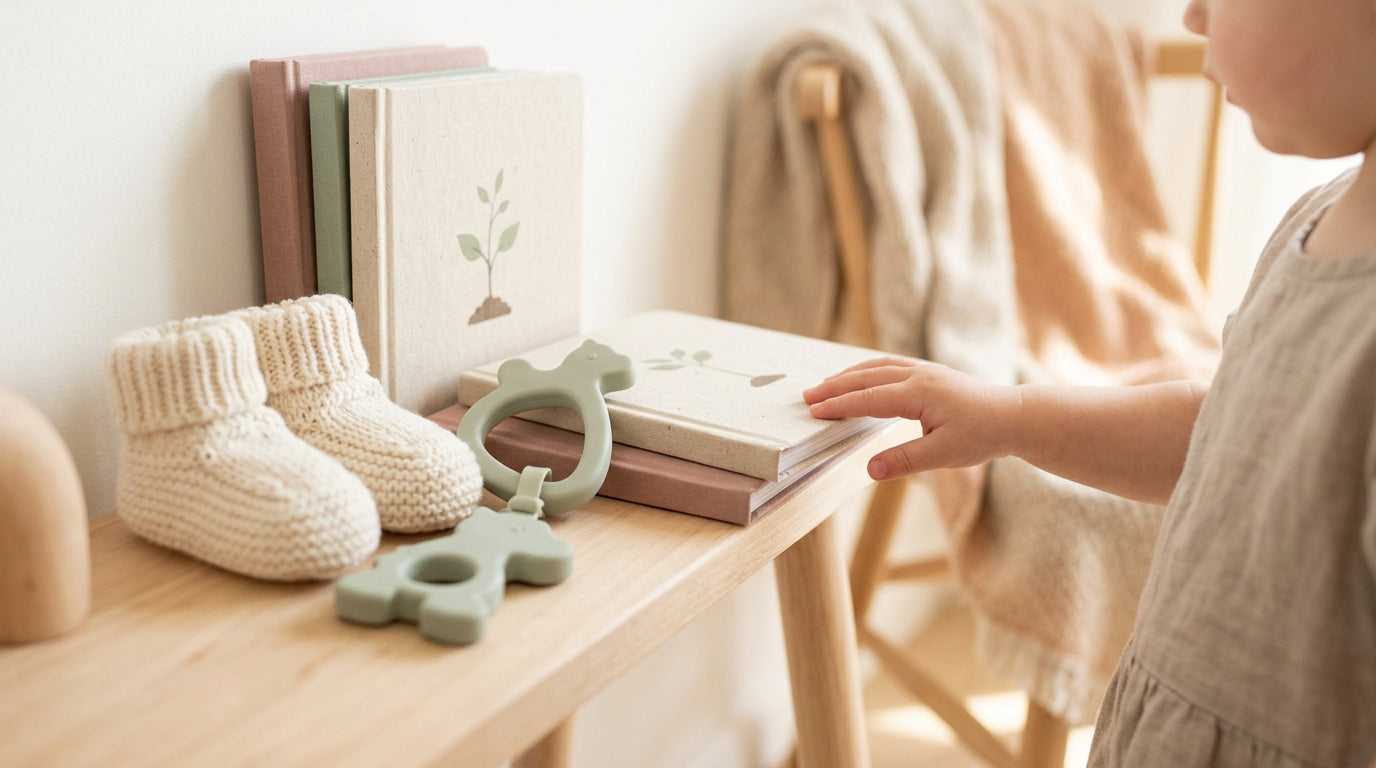 Frustrated mom holding a video game controller while a toddler plays on a wooden play mat