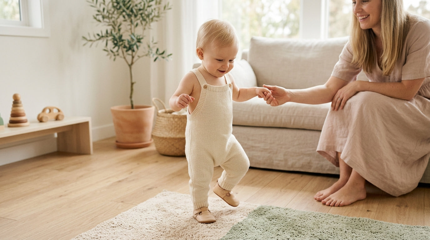 A baby cruising along a living room couch wearing soft sole sneakers