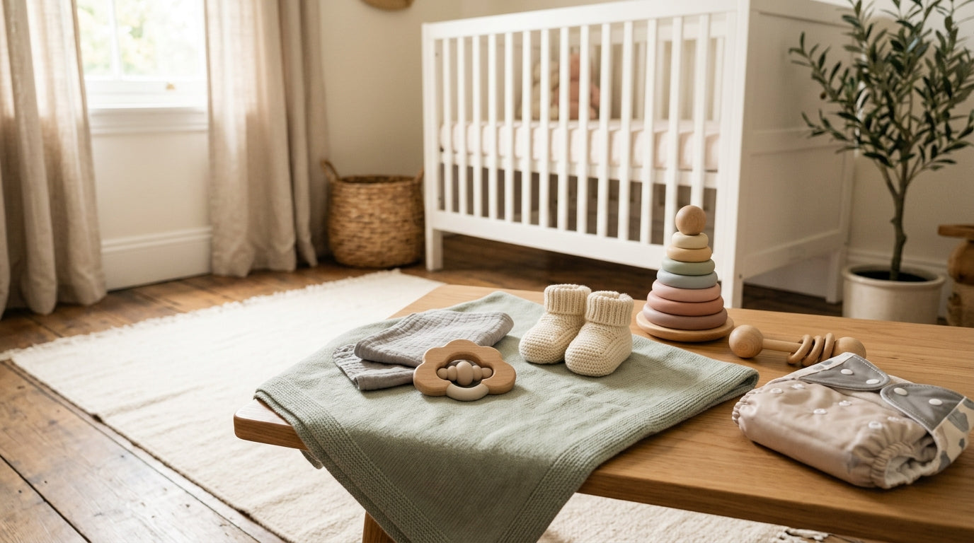 Toddler taking first steps indoors while wearing soft sole baby sneakers.
