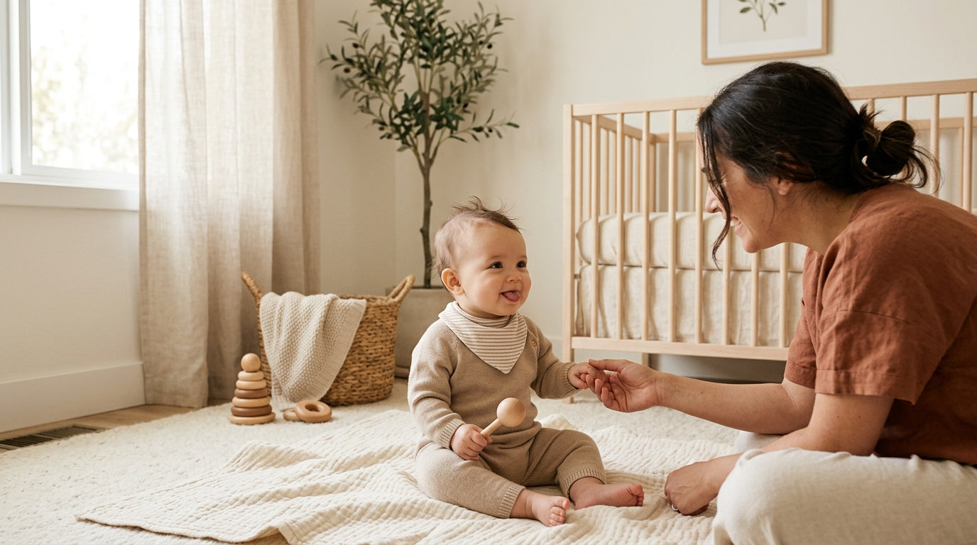 Baby with tongue out looking curiously at the camera