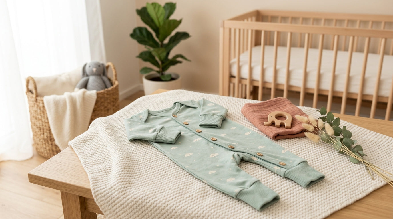 Folded organic cotton baby strampler on a wooden changing table next to baby essentials
